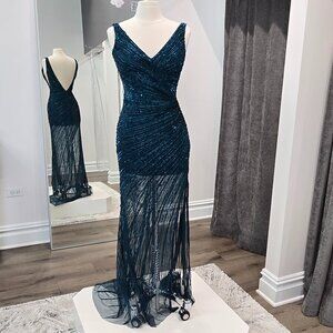 NWT Teal Sequins V Neck Gown with a Sheer Skirt Size 6 Style 5379